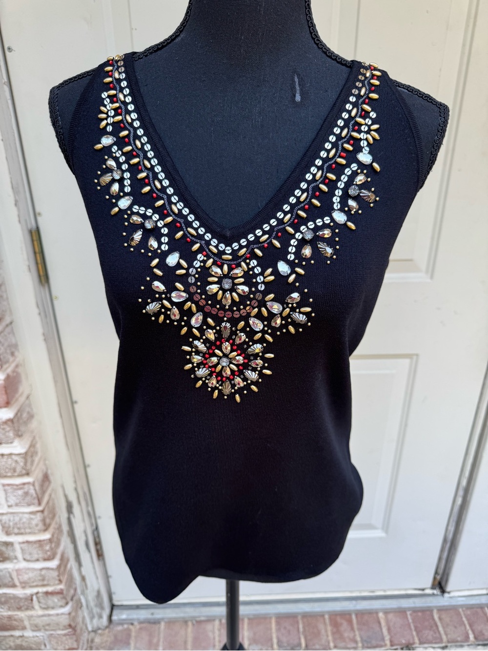 Grace, Black, Jewel-Embellished, V-Neck, Knit, Tank Top, Size Large